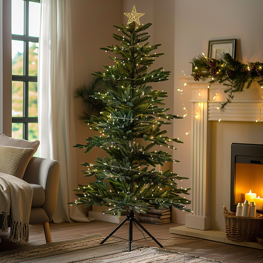 12 ft Artificial Slim Christmas Tree with Warm LED Lights and Stand