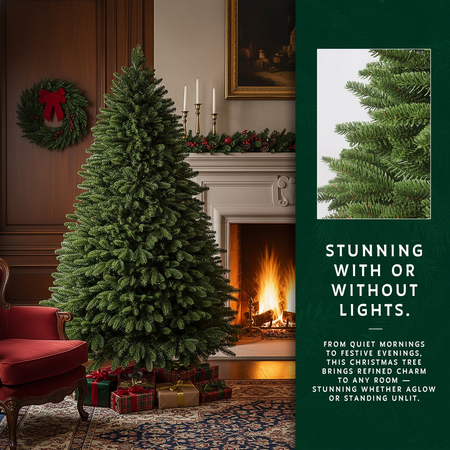 The 12 ft traditional fraser fir christmas tree shown unlit to highlight its full, realistic branches.
