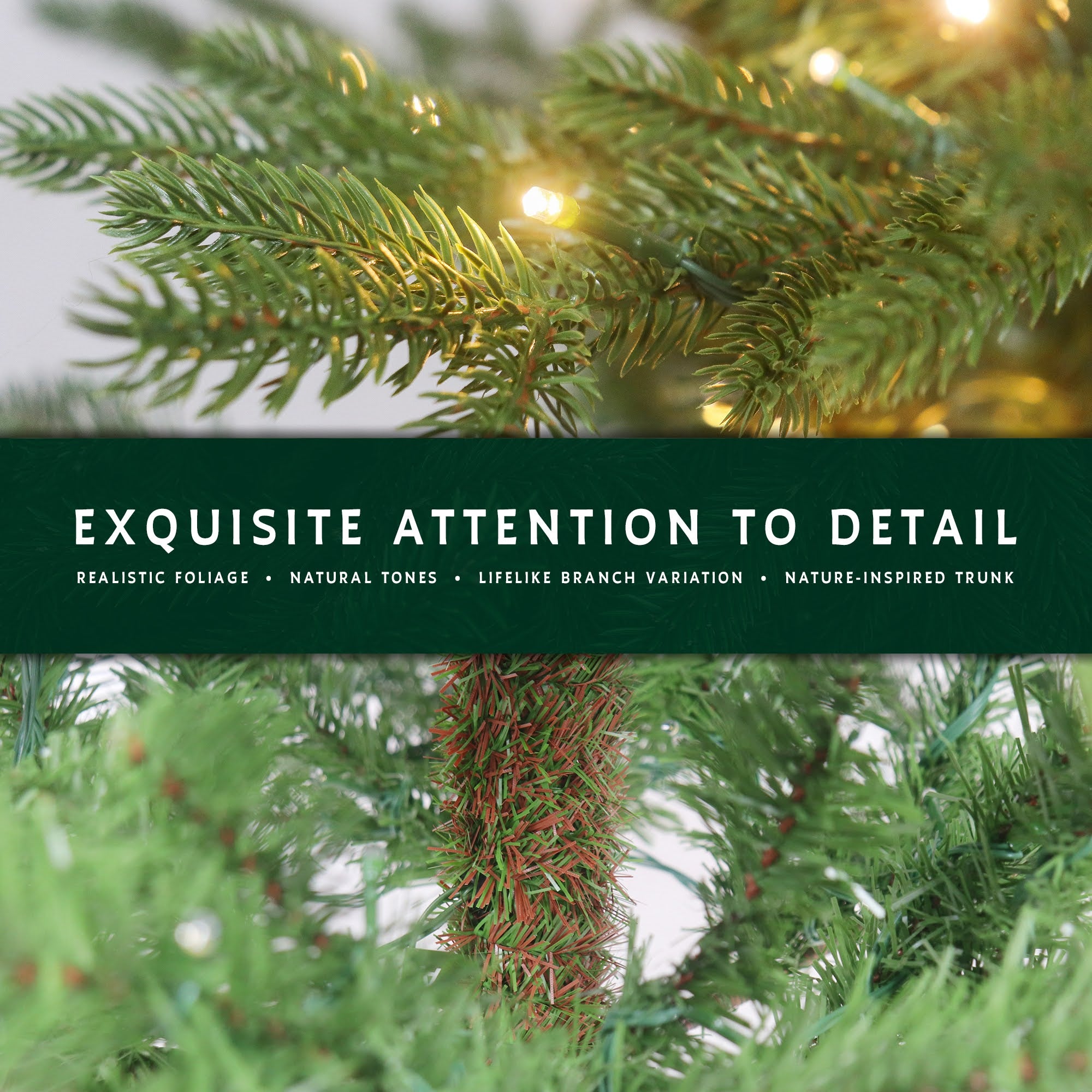 Detailed close-ups of the pre-lit skinny Christmas tree's realistic foliage and nature-inspired trunk.