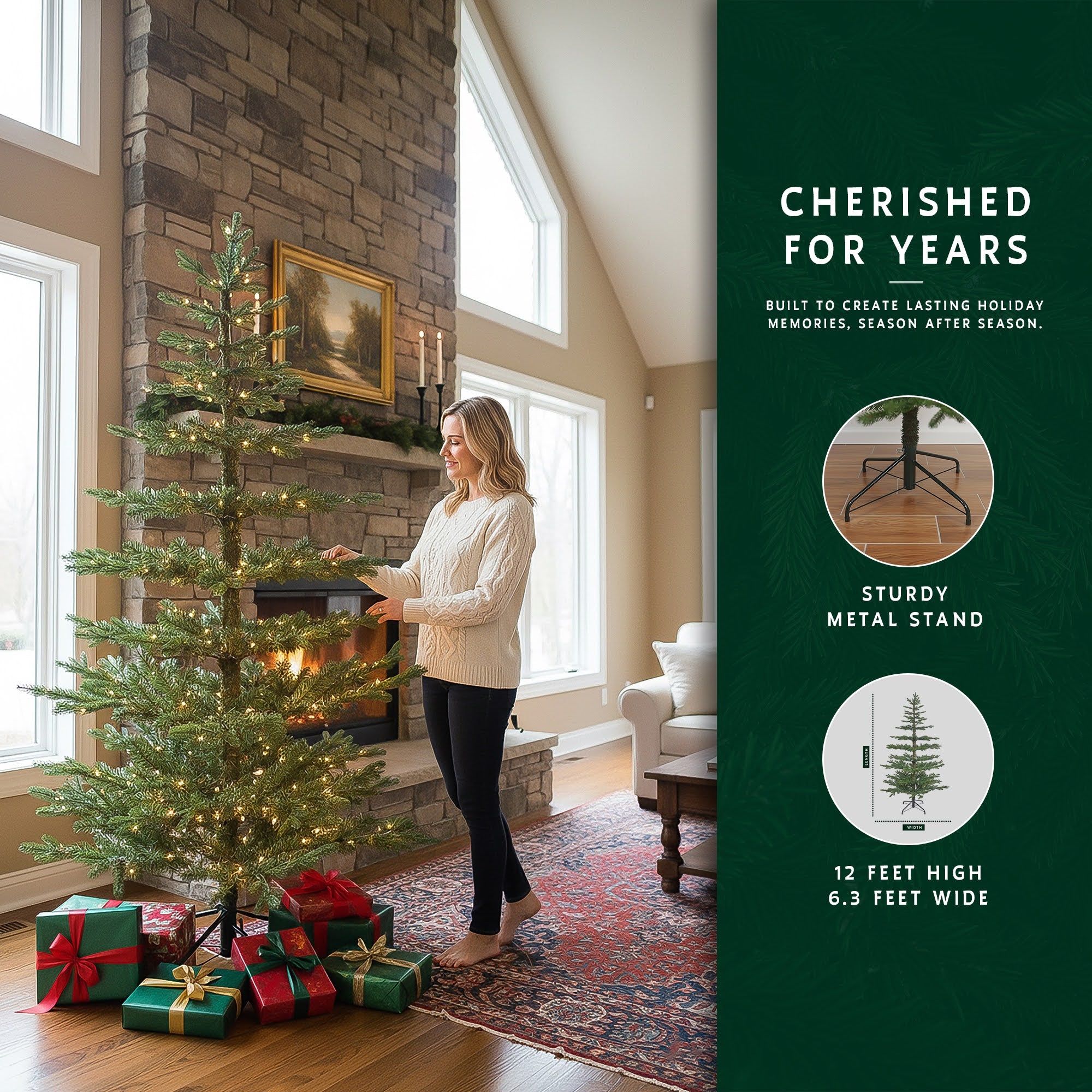 Woman with a 12-foot pre-lit skinny Christmas tree, with its metal stand and dimensions shown.