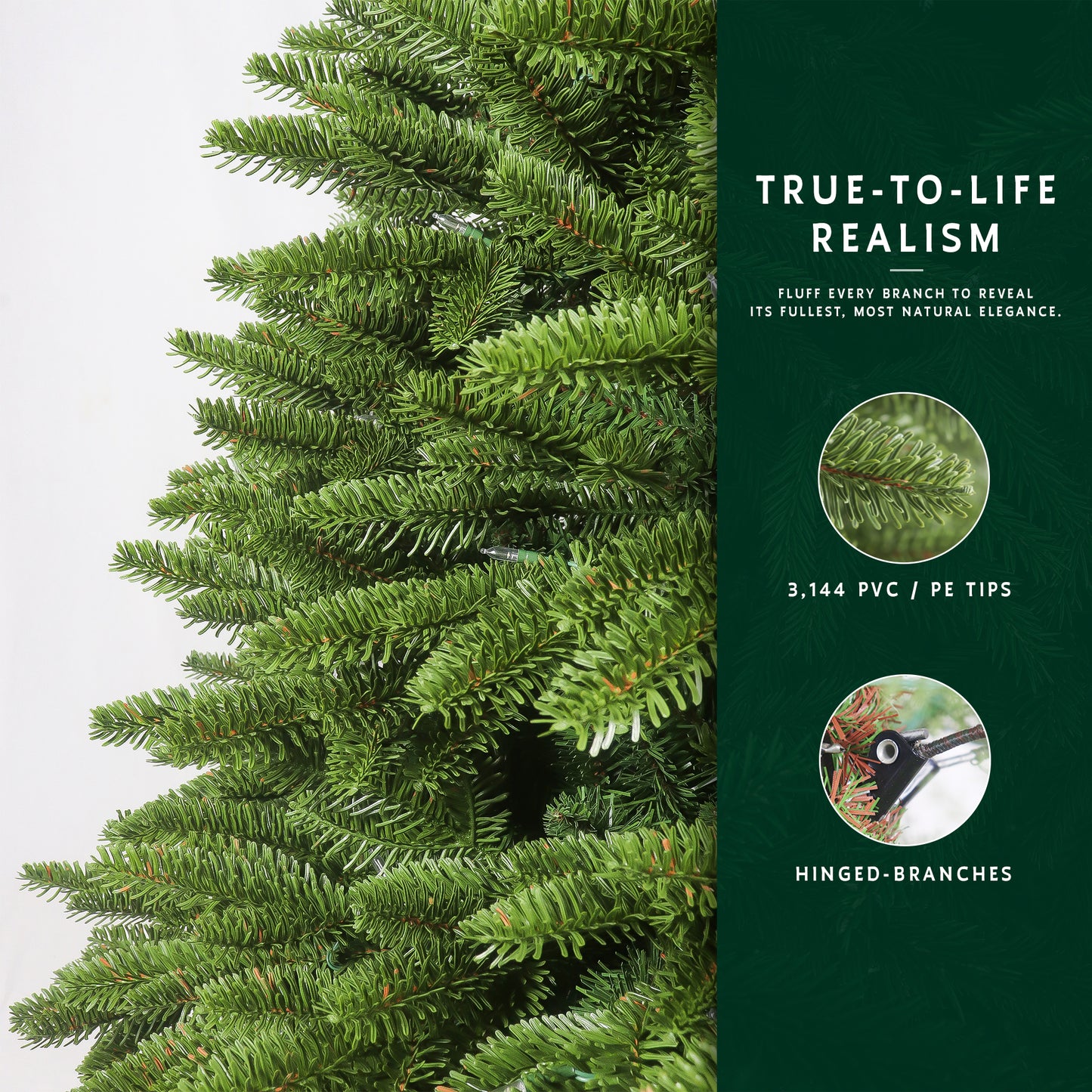 Feature graphic for the 6ft fraser fir christmas tree, highlighting its 3,144 PE/PVC tips and hinged branches.
