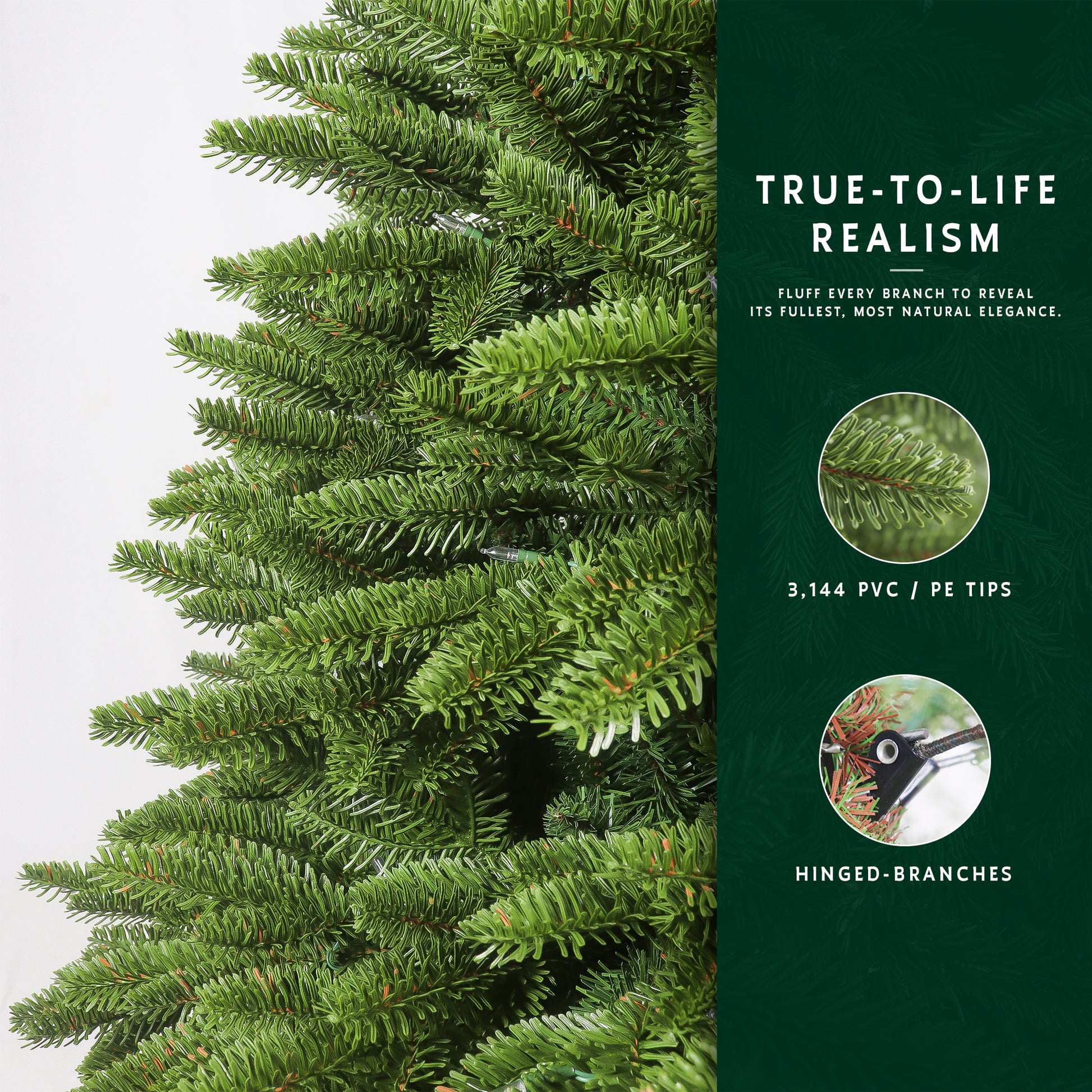 Feature graphic for the 6ft fraser fir christmas tree, highlighting its 3,144 PE/PVC tips and hinged branches.