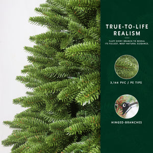 Feature graphic for the 6ft fraser fir christmas tree, highlighting its 3,144 PE/PVC tips and hinged branches.