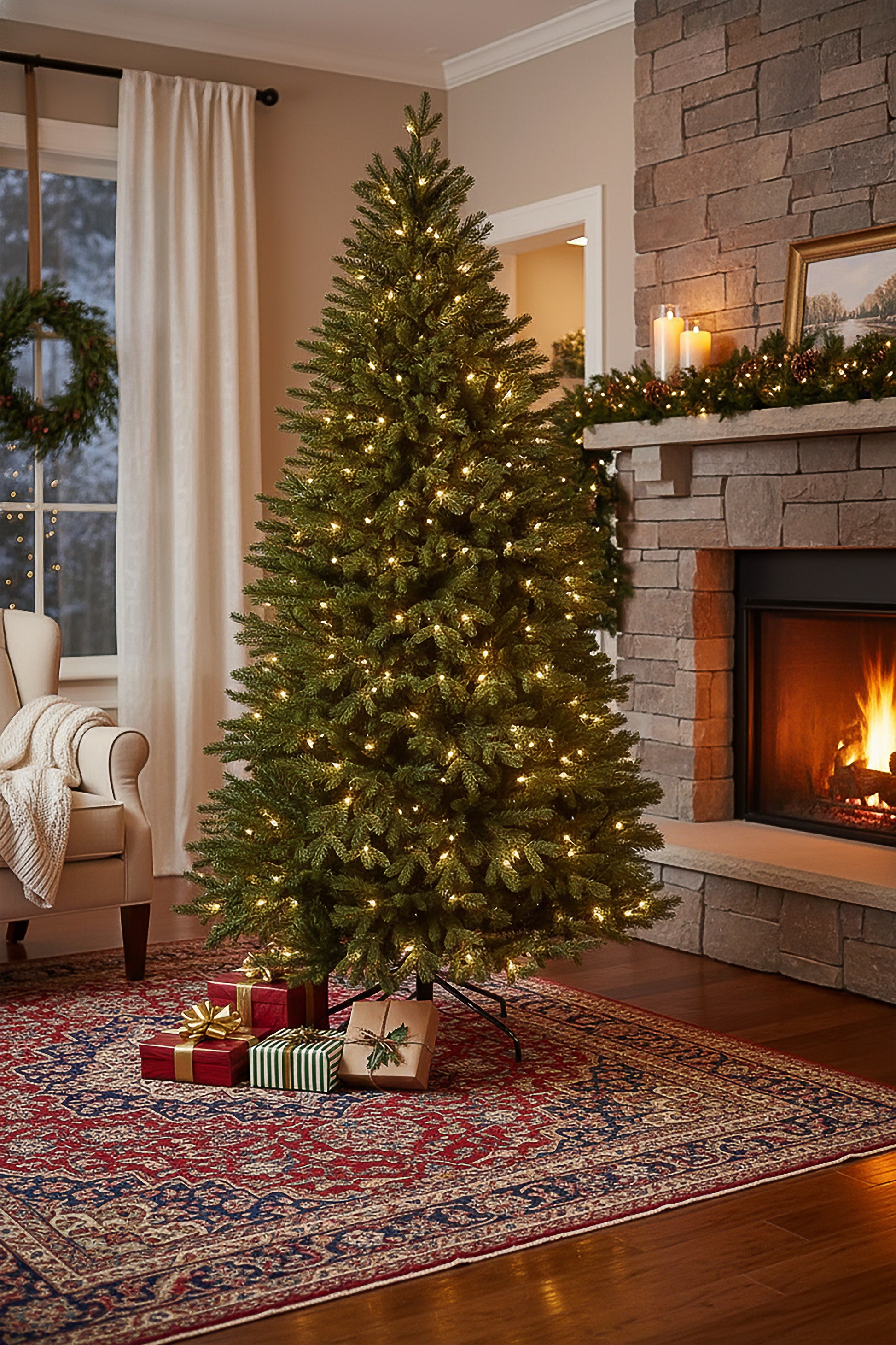 A 6ft prelit grand slim christmas tree with warm lights standing by a cozy stone fireplace.