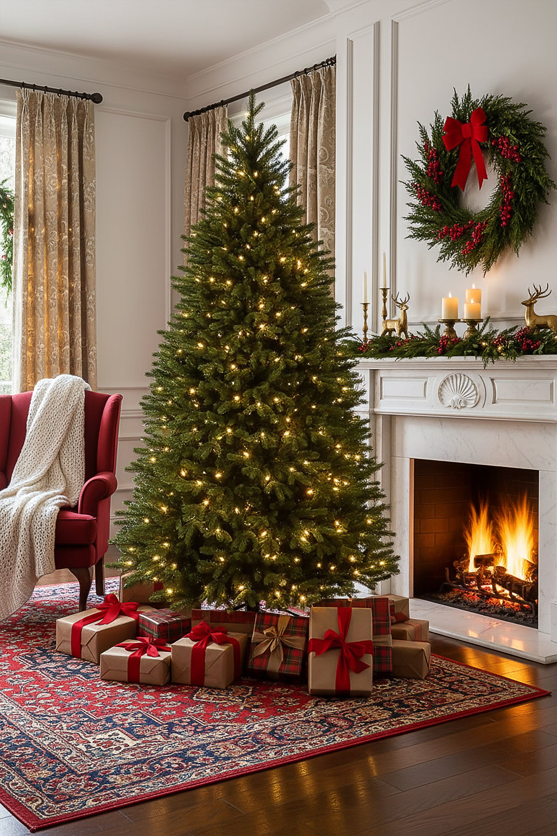 A 6ft prelit grand slim christmas tree with warm lights in a traditional living room by a white fireplace.