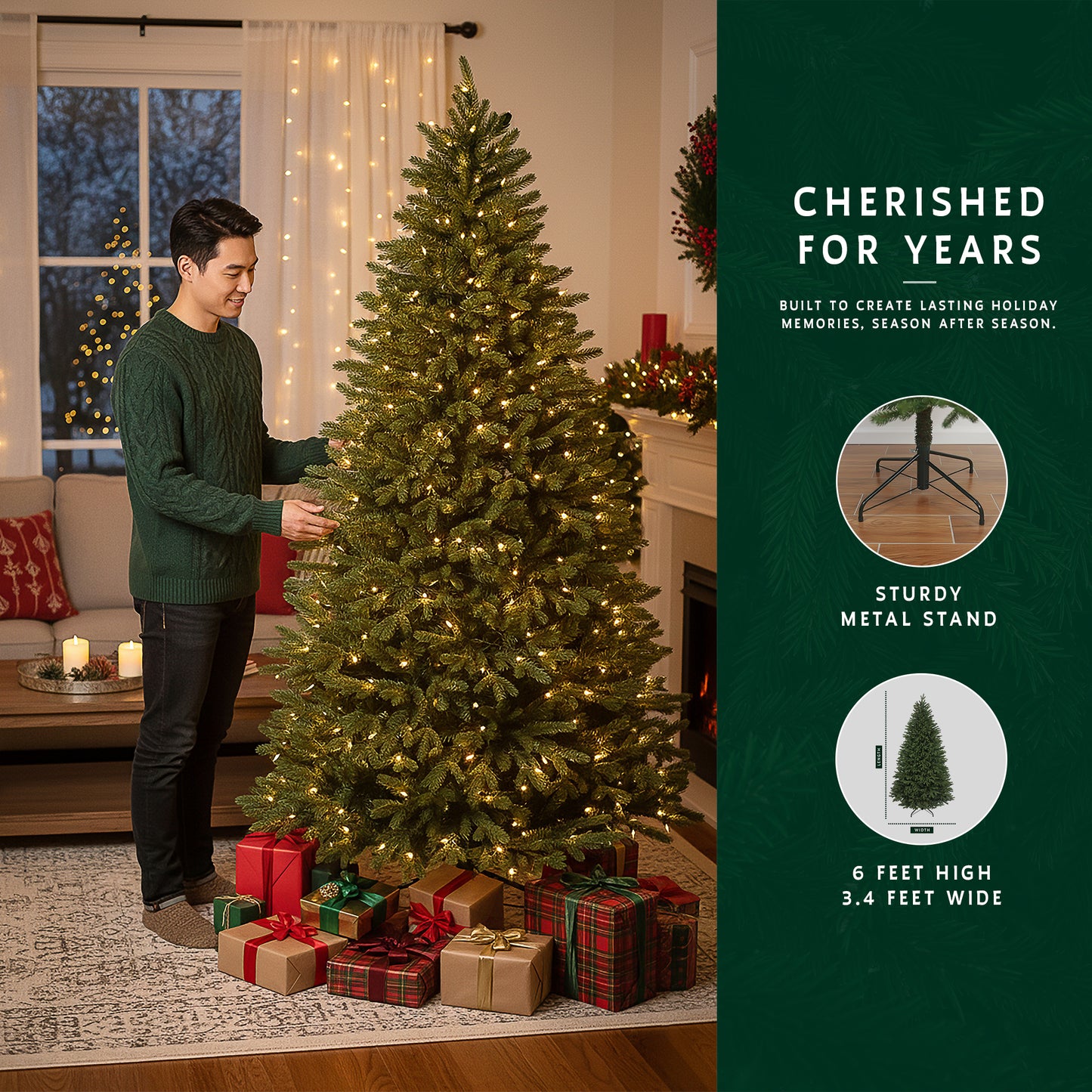 Man with the 6ft prelit slim christmas tree, with a graphic showing its sturdy metal stand and 3.4 ft width.