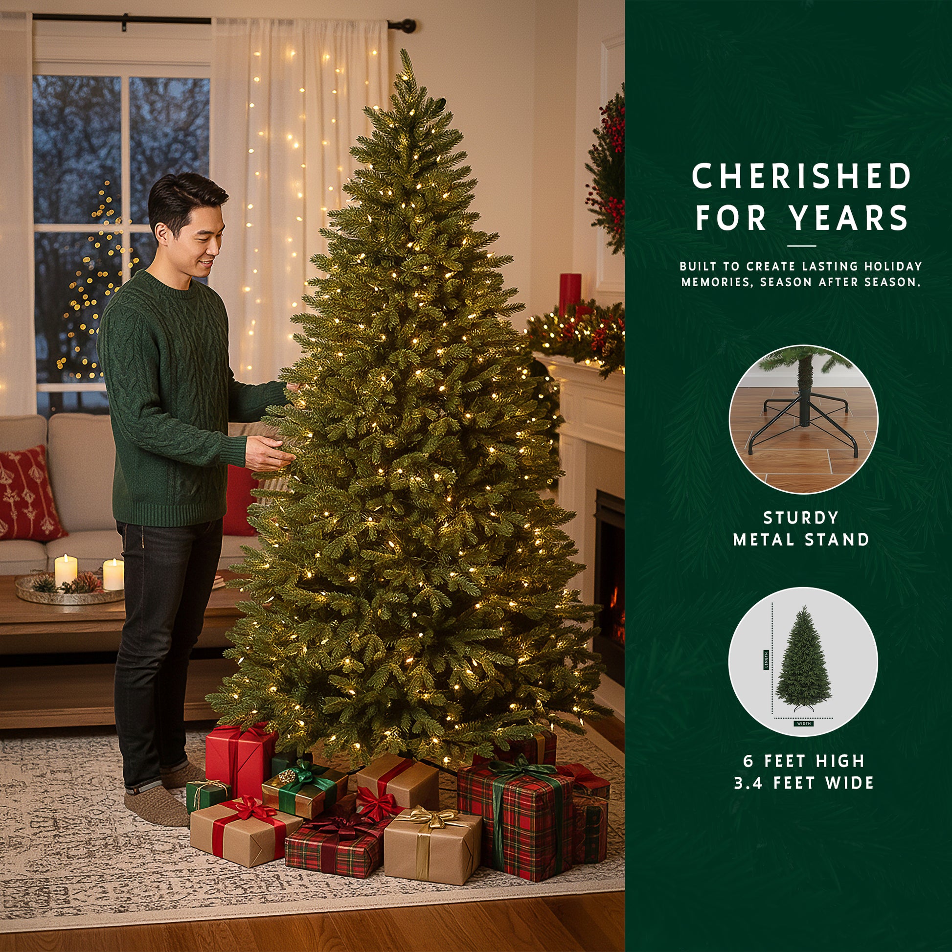 Man with the 6ft prelit slim christmas tree, with a graphic showing its sturdy metal stand and 3.4 ft width.