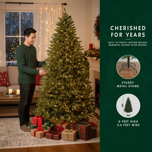 Man with the 6ft prelit slim christmas tree, with a graphic showing its sturdy metal stand and 3.4 ft width.