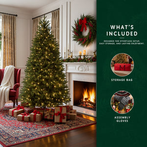 A 6ft prelit slim christmas tree by a fireplace, with a graphic showing the included storage bag and assembly gloves.