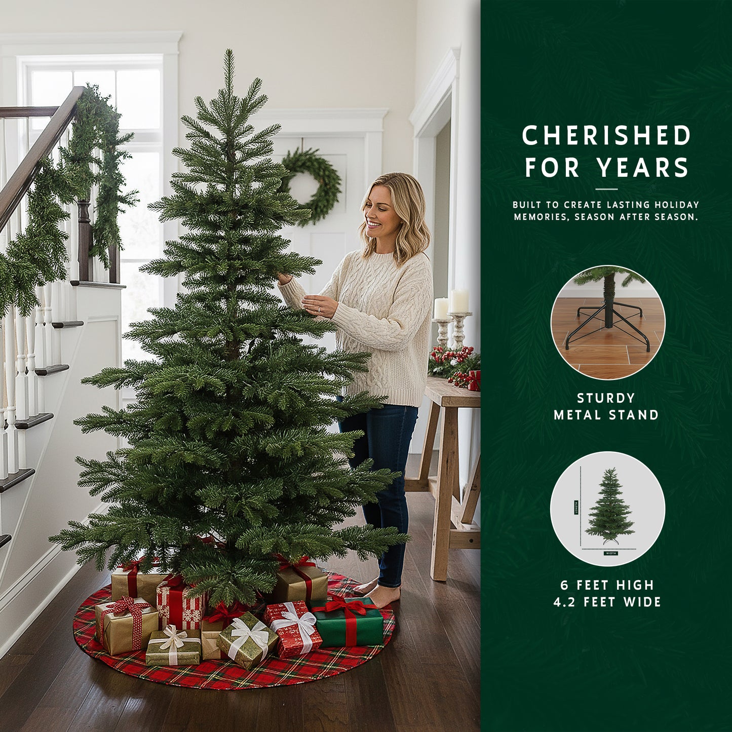 Woman with 6ft premium christmas tree, with a graphic showing its sturdy metal stand and 4.2 ft width.