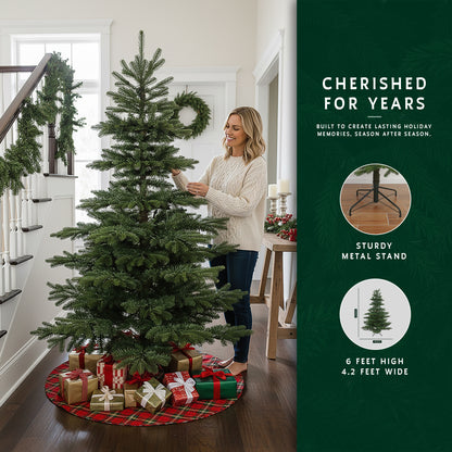 Woman with 6ft premium christmas tree, with a graphic showing its sturdy metal stand and 4.2 ft width.