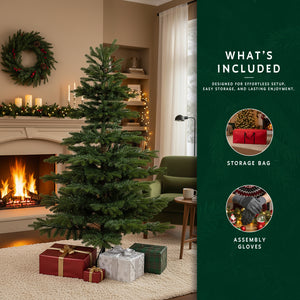 The 6ft premium christmas tree with a graphic showing included accessories: a storage bag and assembly gloves.