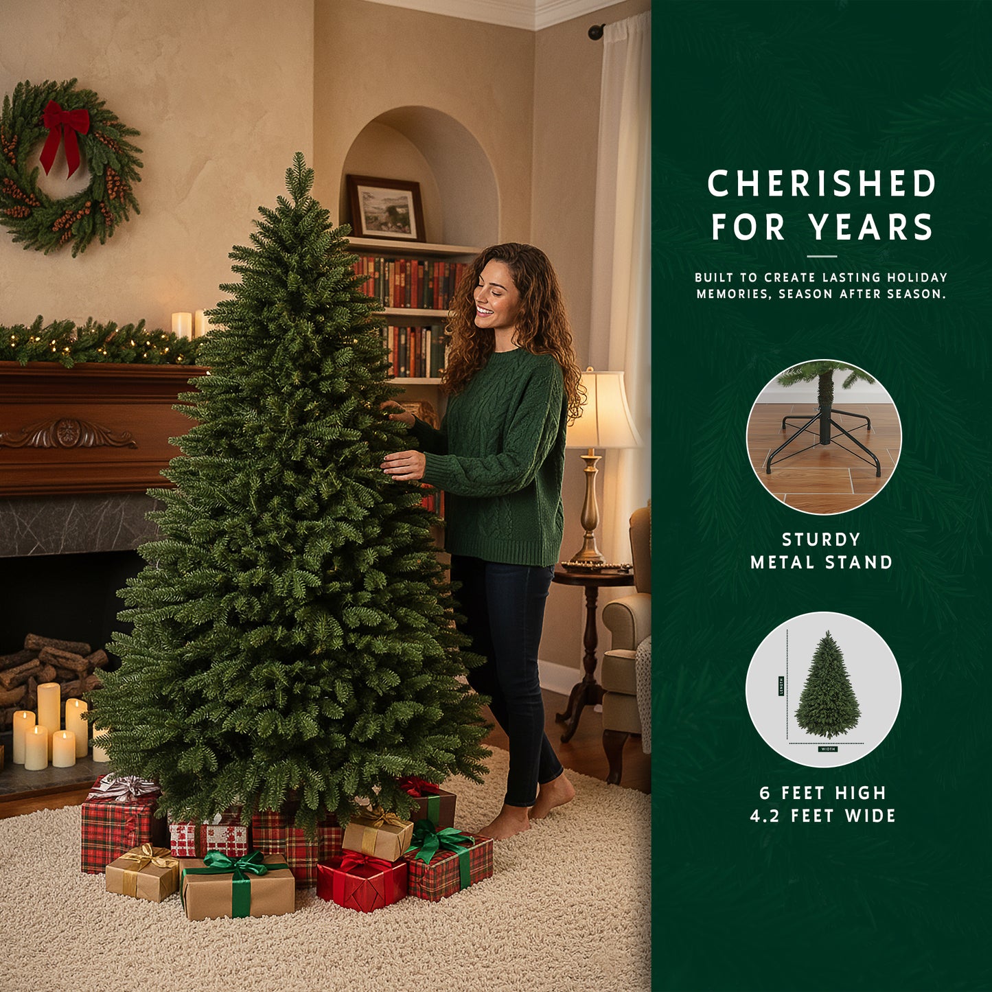 Woman with 6ft traditional Christmas tree, with a graphic showing its sturdy metal stand and 4.2 ft width.