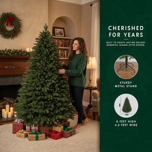 Woman with 6ft traditional Christmas tree, with a graphic showing its sturdy metal stand and 4.2 ft width.