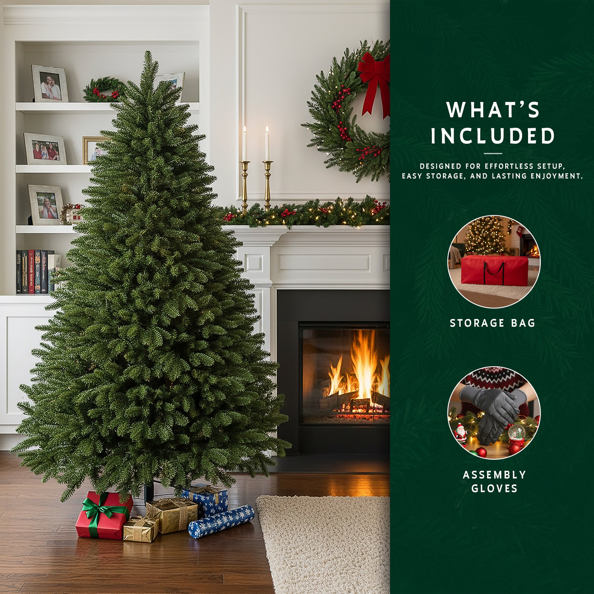 The 6ft unlit fraser fir Christmas tree with a graphic showing included accessories: a storage bag and assembly gloves.