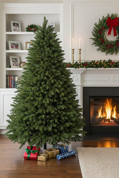 A 6ft unlit fraser fir christmas tree with a full profile, shown next to a modern white fireplace and bookshelves.