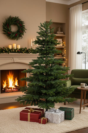 A 6ft unlit noble fir christmas tree with sparse, realistic branches shown by a cozy fireplace.
