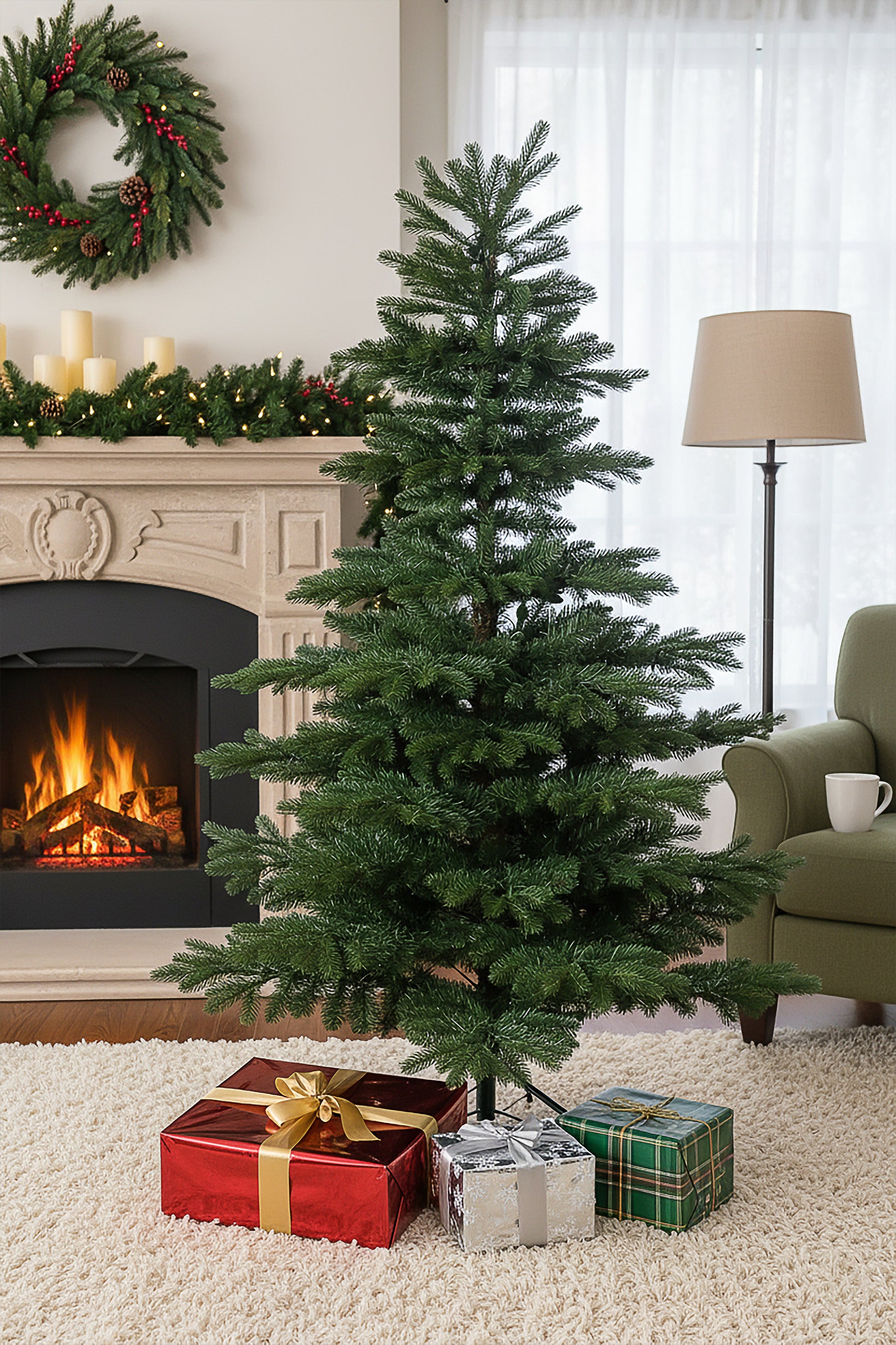 The 6ft unlit premium noble fir christmas tree shown in a living room with gifts at its base.