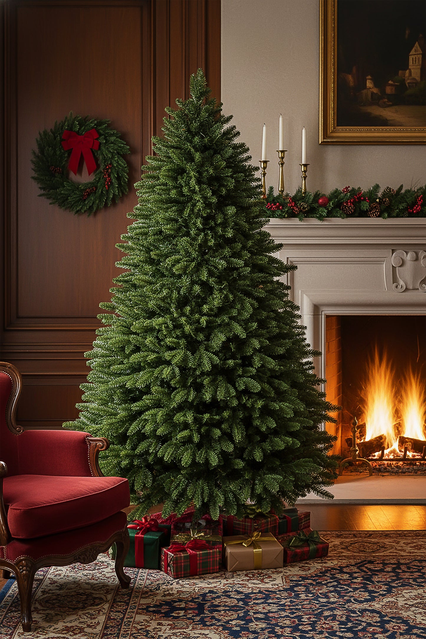 The 6ft unlit traditional christmas tree standing in an elegant room by an ornate fireplace and red chair.