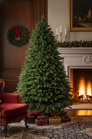 The 6ft unlit traditional christmas tree standing in an elegant room by an ornate fireplace and red chair.