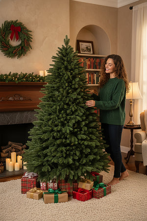 Woman smiling while fluffing the full, realistic branches of a 6ft unlit traditional fraser fir christmas tree.