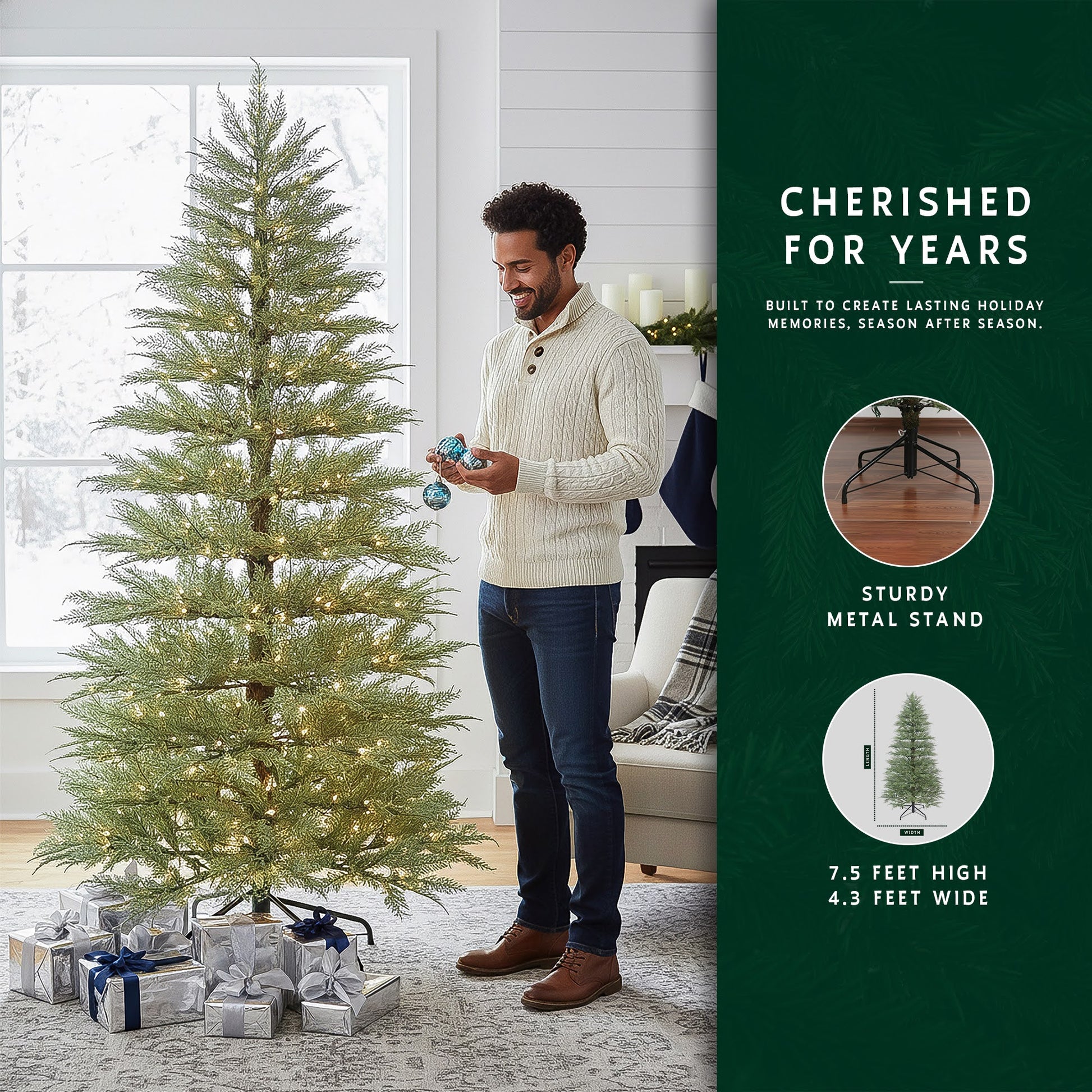 Man decorating a 7.5-foot pre-lit cypress tree, with features like its sturdy metal stand highlighted.