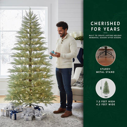 Man decorating a 7.5-foot pre-lit cypress tree, with features like its sturdy metal stand highlighted.