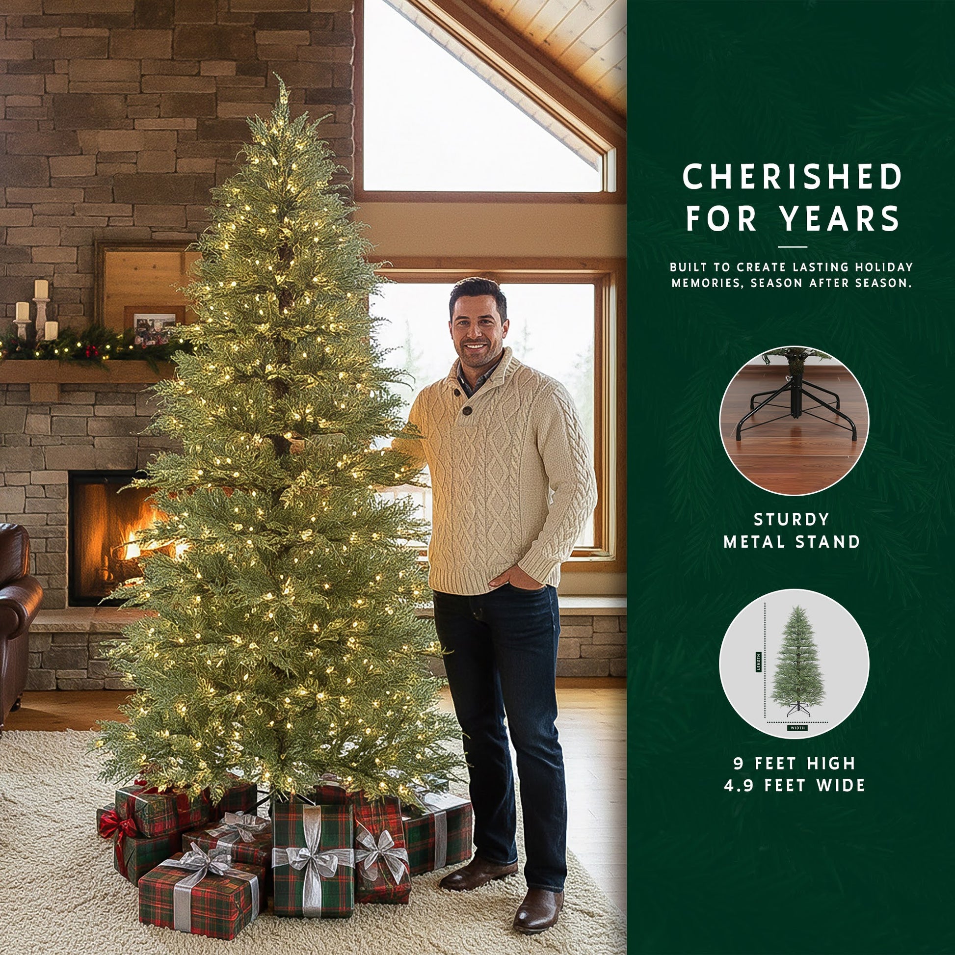 Man standing beside a grand 9-foot pre-lit cypress tree, with its sturdy metal stand and dimensions shown.