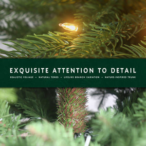 Close-up details of the prelit 9 ft classic Christmas tree, showing realistic foliage and nature-inspired trunk.