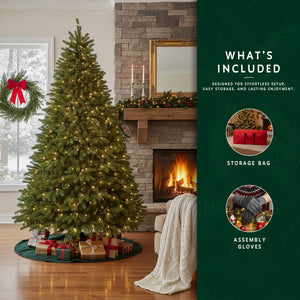 A 9 ft prelit classic Christmas tree by a fireplace, with a graphic showing the included storage bag and assembly gloves.