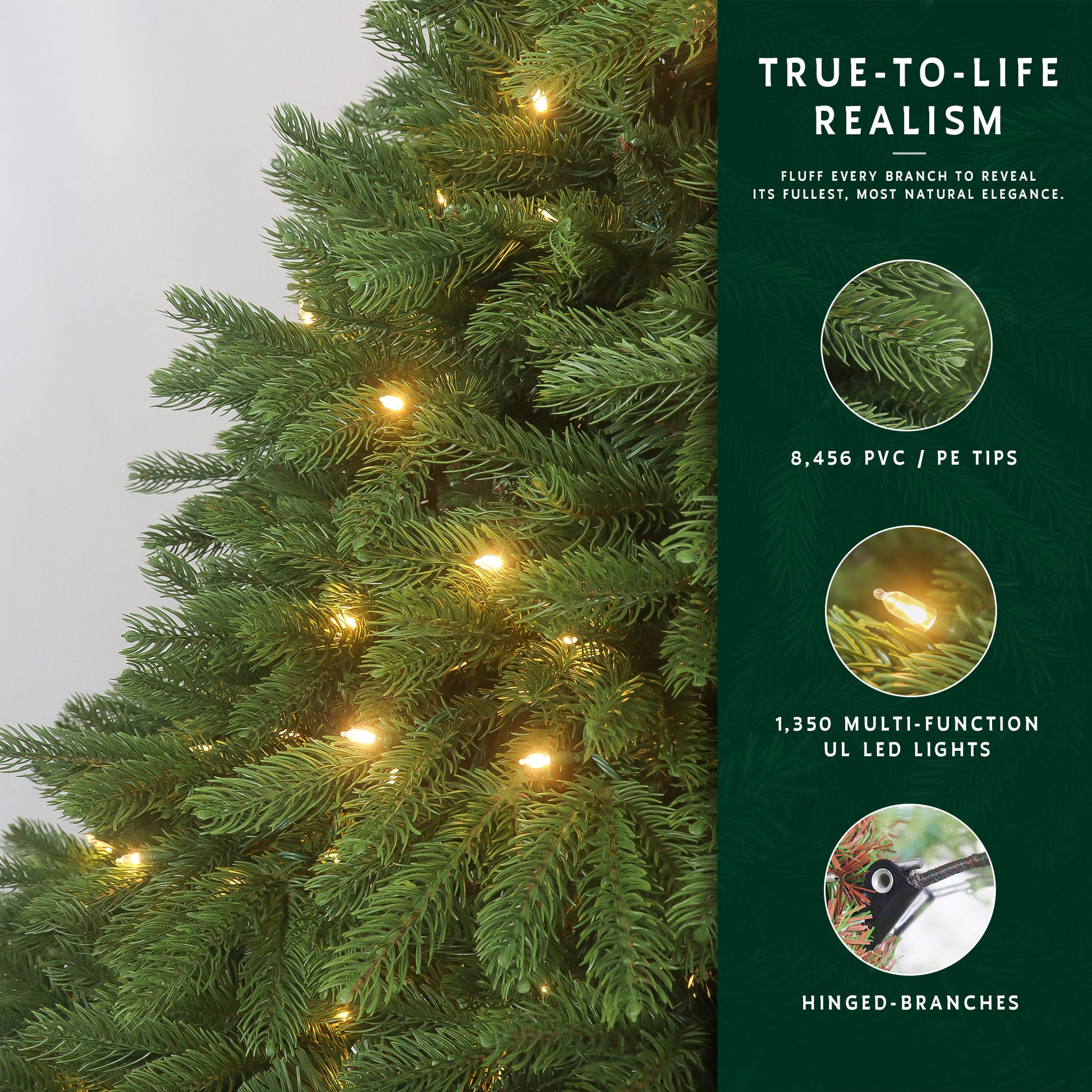 Feature graphic for the 9 ft prelit classic Christmas tree, showing its PE/PVC tips, 1350 lights, and hinged branches.