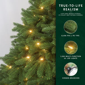 Feature graphic for the 9 ft prelit classic Christmas tree, showing its PE/PVC tips, 1350 lights, and hinged branches.