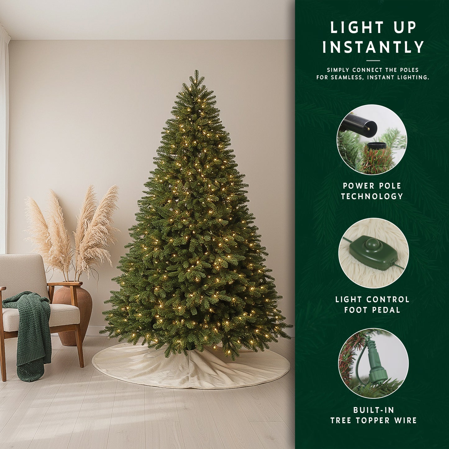 Feature graphic for the 9 ft prelit classic Christmas tree, highlighting its power pole technology and foot pedal.