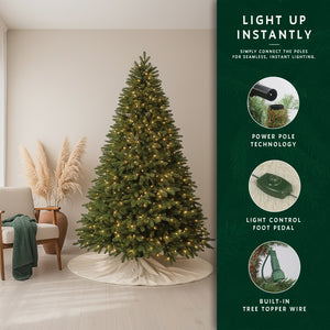 Feature graphic for the 9 ft prelit classic Christmas tree, highlighting its power pole technology and foot pedal.