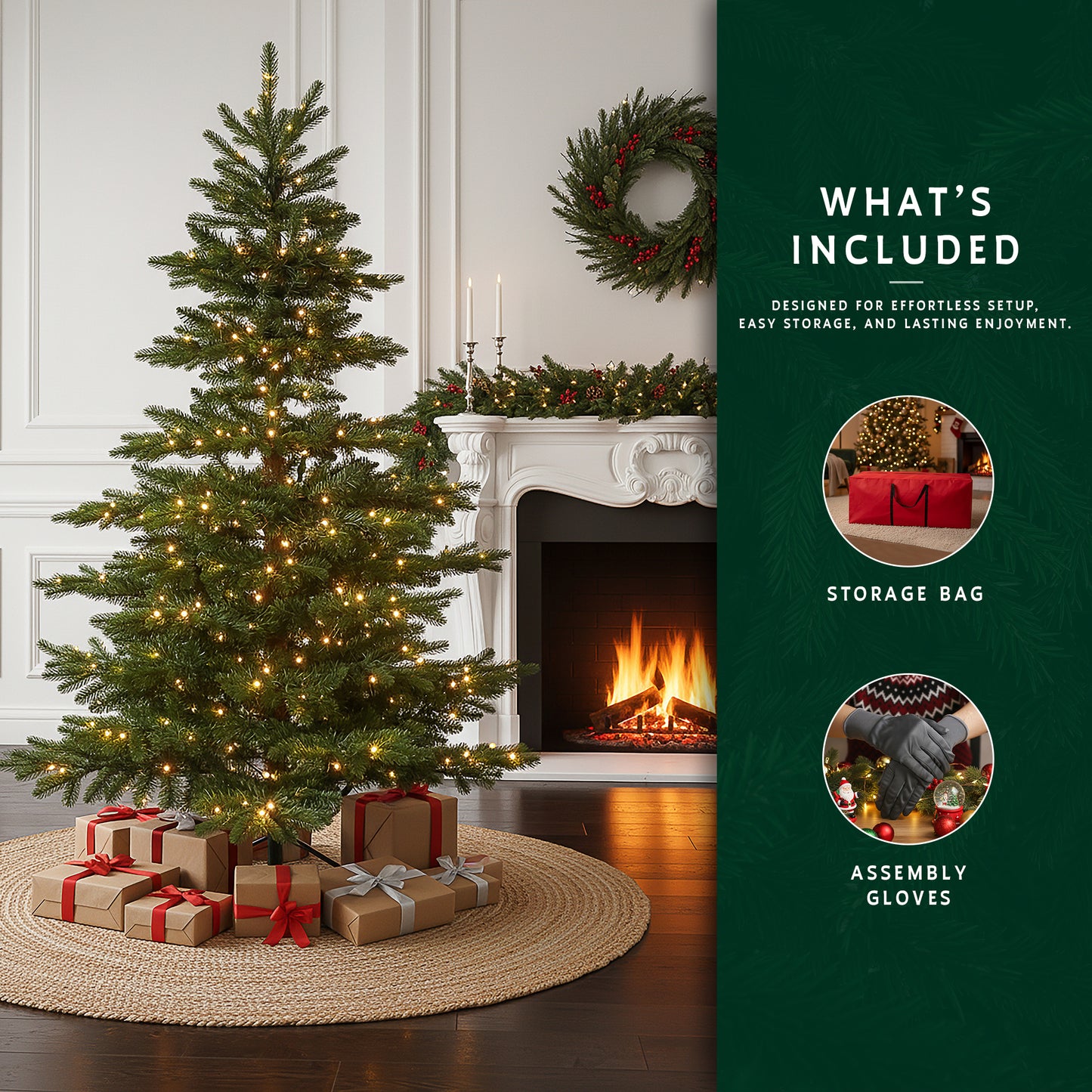 The 9 ft prelit noble fir christmas tree with a graphic showing included accessories: a storage bag and assembly gloves.