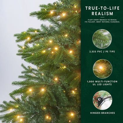 Feature graphic for the 9 ft prelit premium christmas tree, highlighting its PE/PVC tips, 1000 lights, and hinged branches.