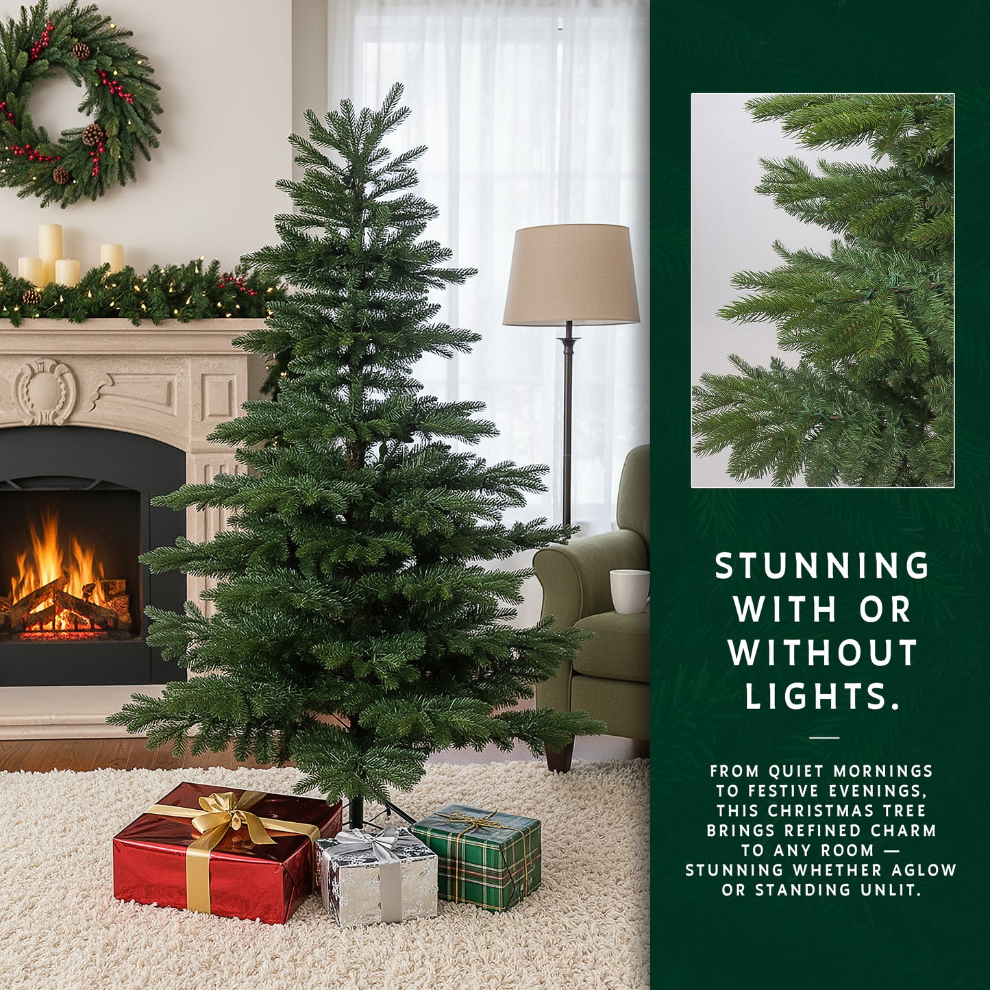 The 9 ft premium noble fir christmas tree shown unlit to highlight its realistic, sparse branches.