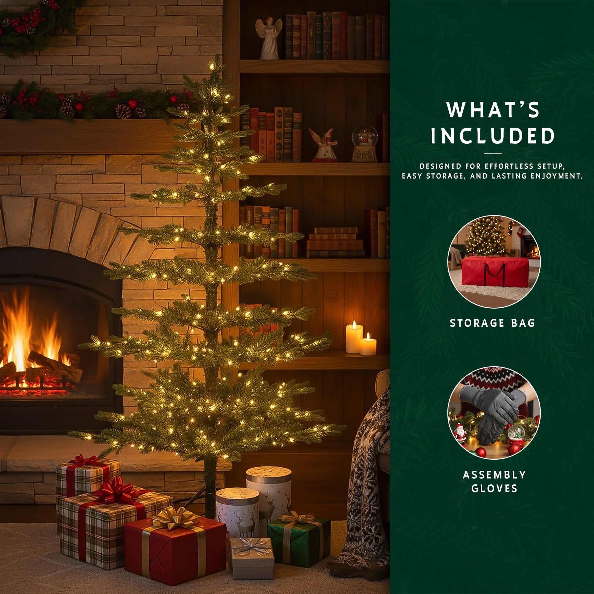 The pre-lit 9ft skinny Christmas tree with its included storage bag and assembly gloves displayed.