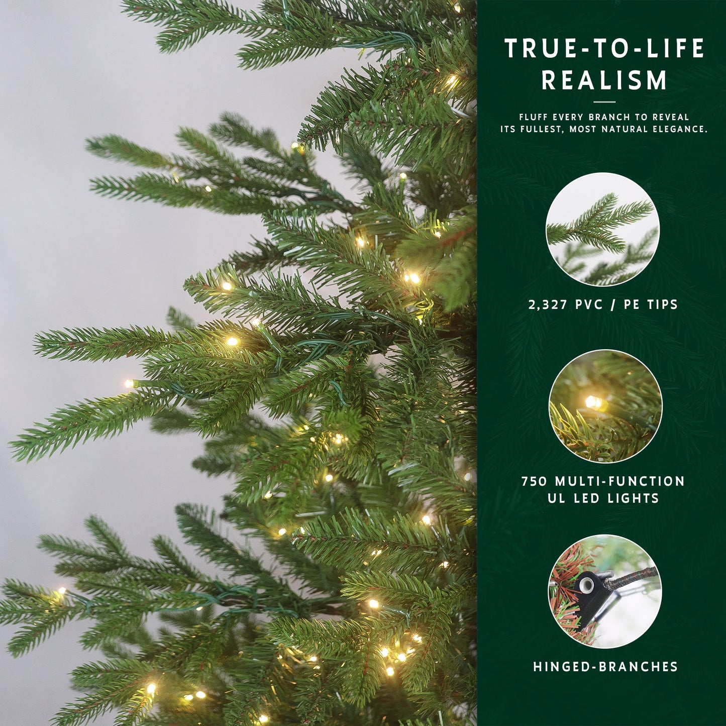 A close-up of the 9ft skinny Christmas tree, showing its 2,327 realistic tips and 750 LED lights.