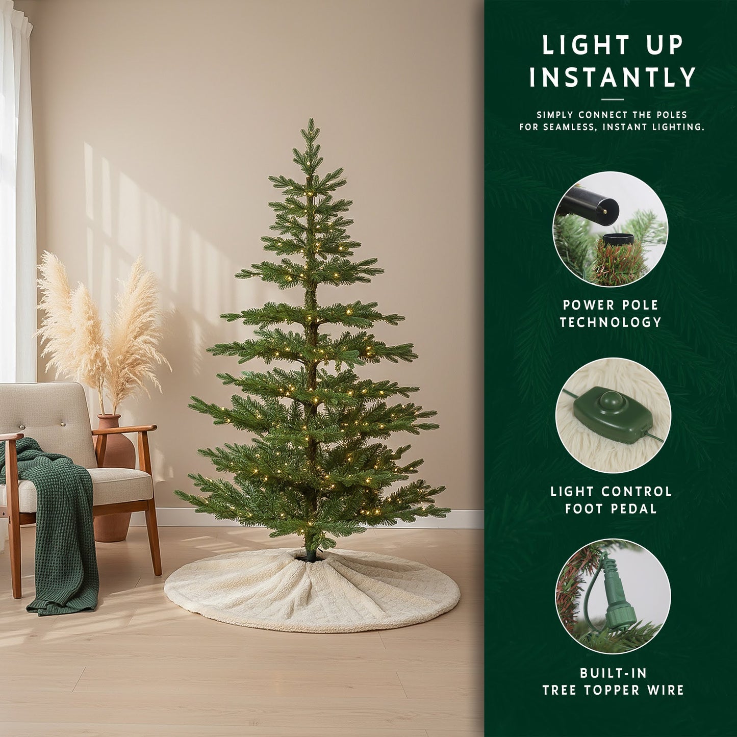 A 9ft skinny Christmas tree highlighting easy lighting features like its power pole and foot pedal.