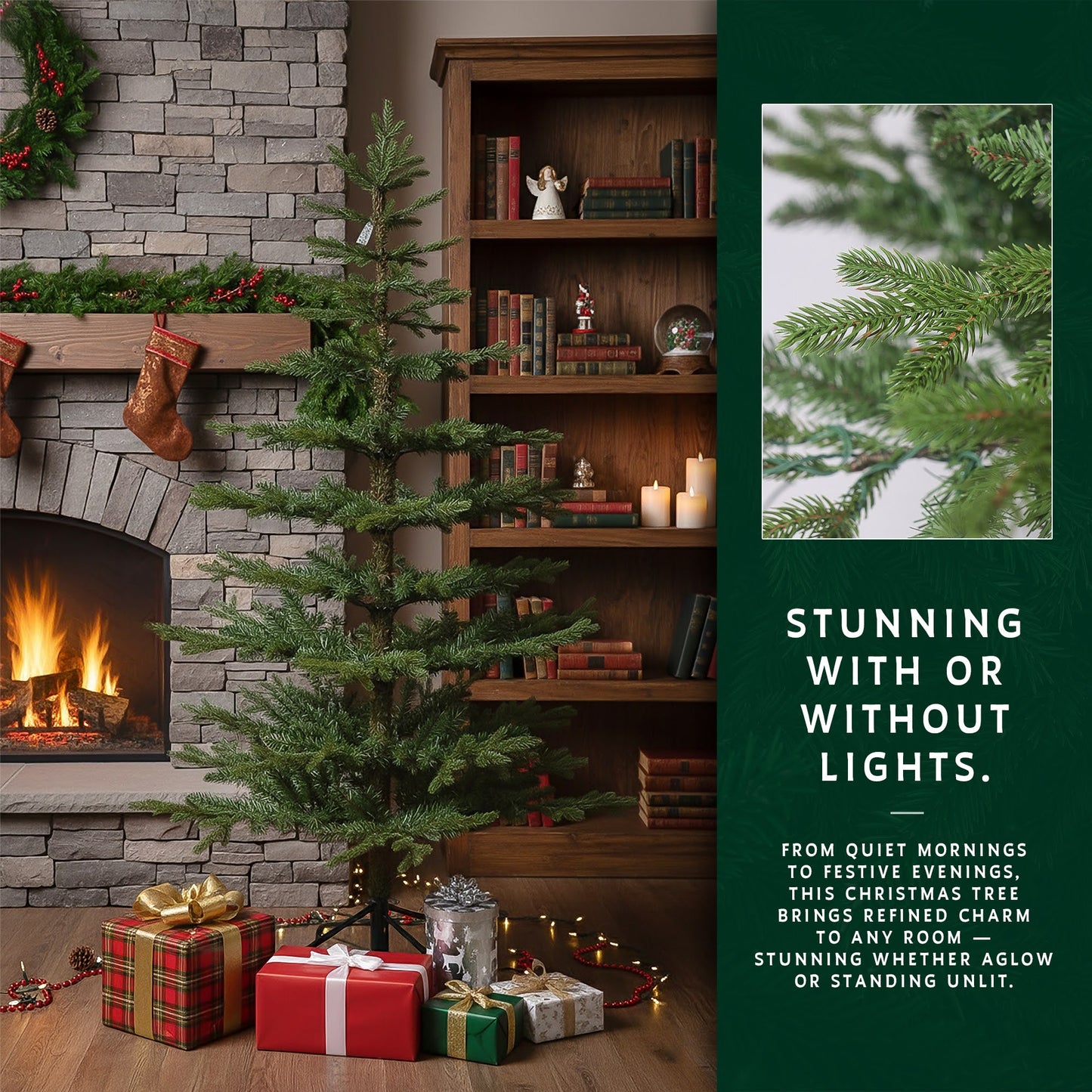 An unlit 9ft skinny Christmas tree by a fireplace, with an insert showing a close-up of the needles.