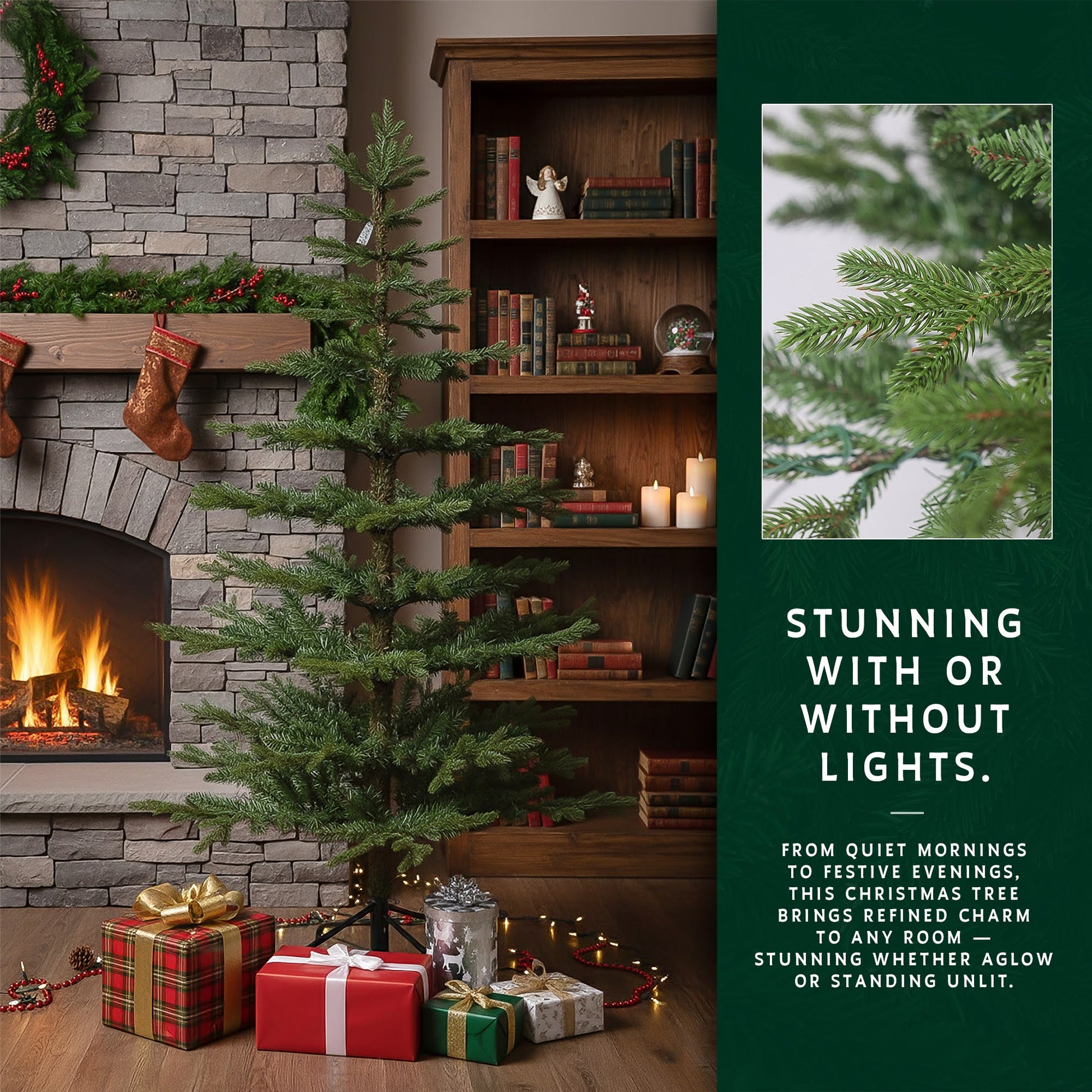 An unlit 9ft skinny Christmas tree by a fireplace, with an insert showing a close-up of the needles.