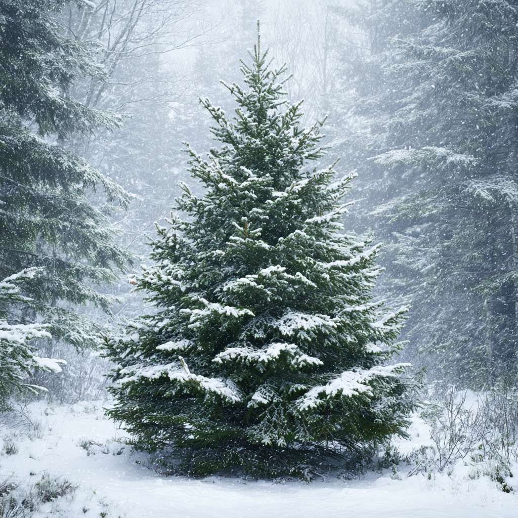A classic Balsam fir tree standing in a snowy forest during a snowfall