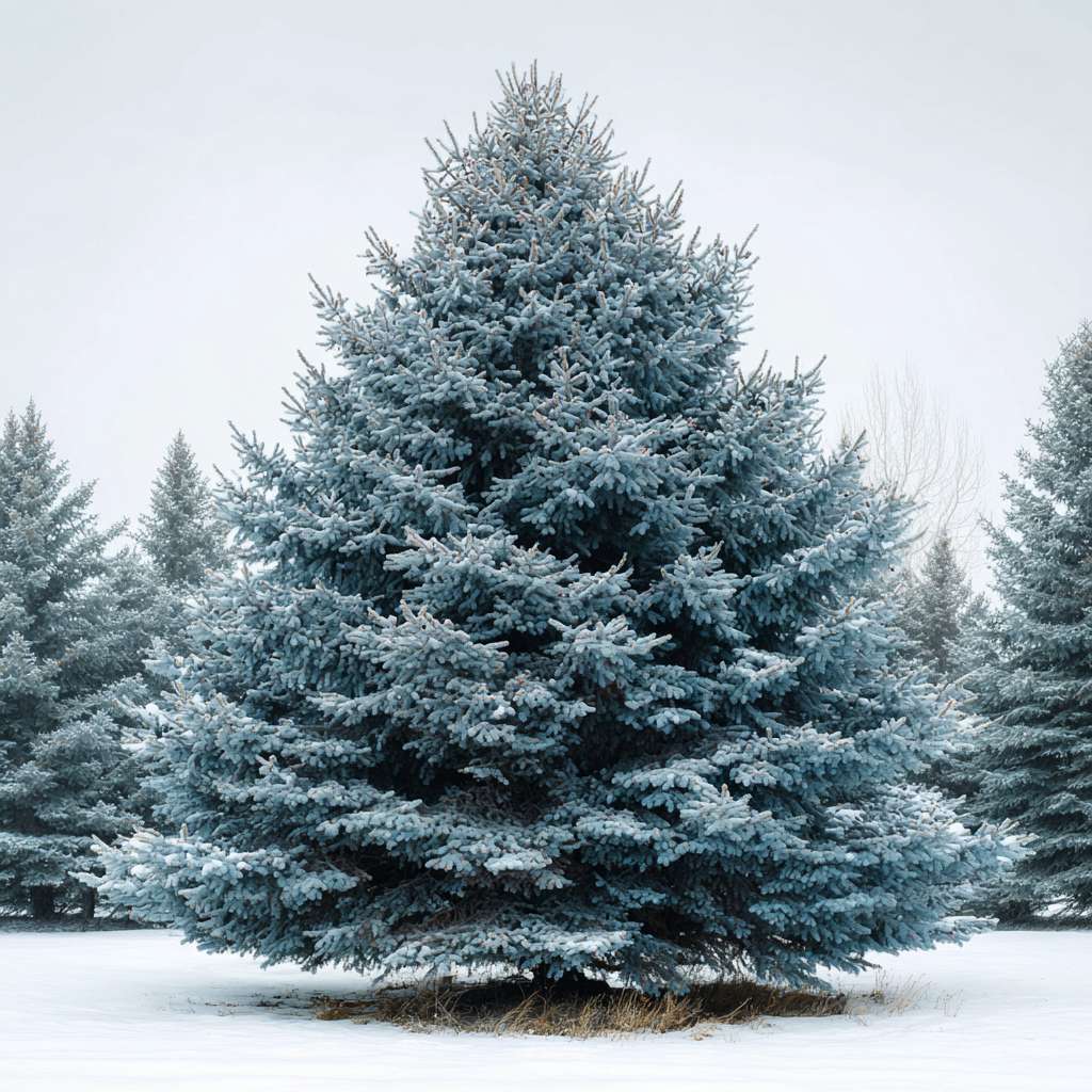 A wide blue spruce in the snow, showcasing its unique silvery-blue color