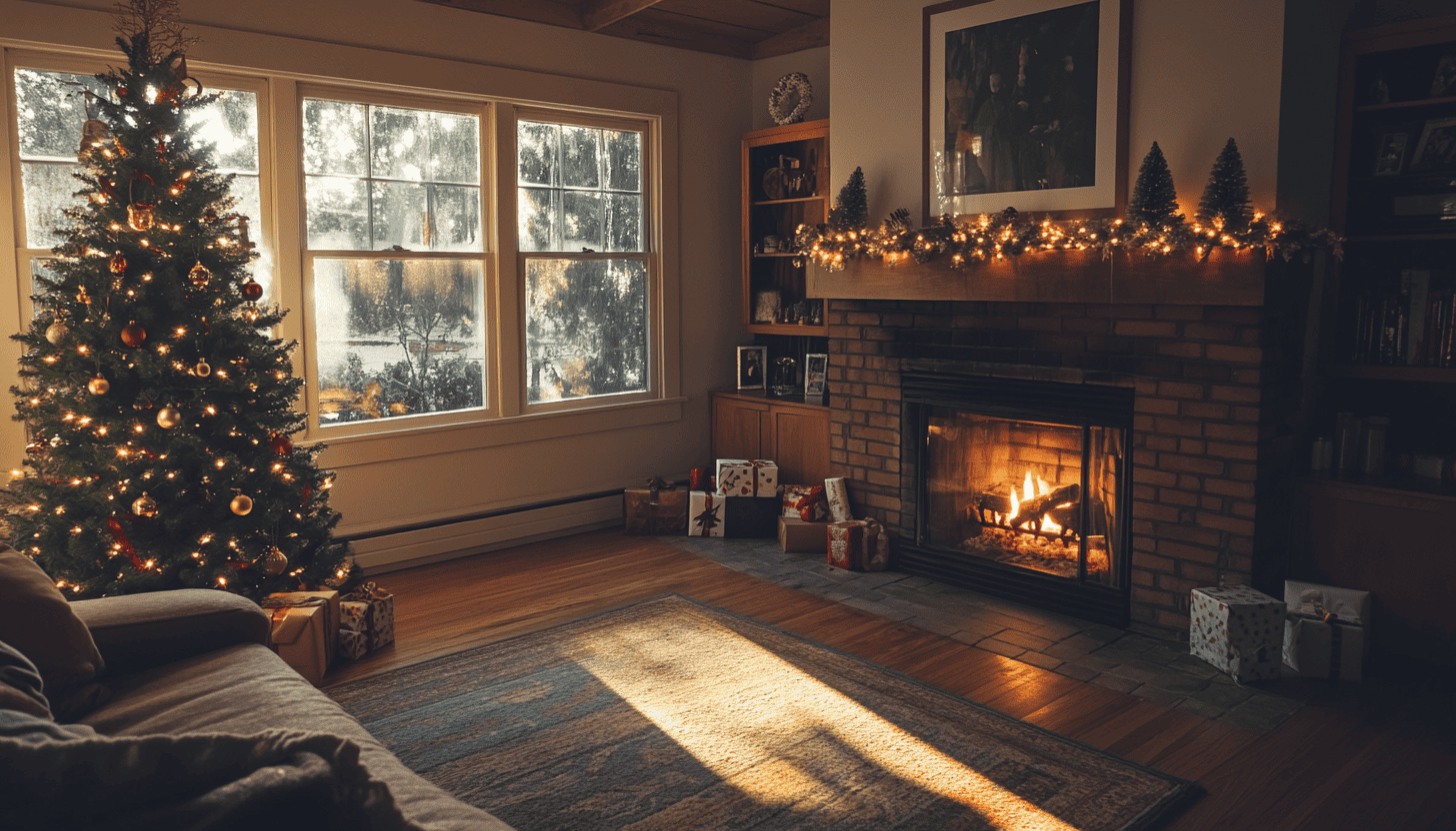 Cozy living room with a twinkling Christmas Tree