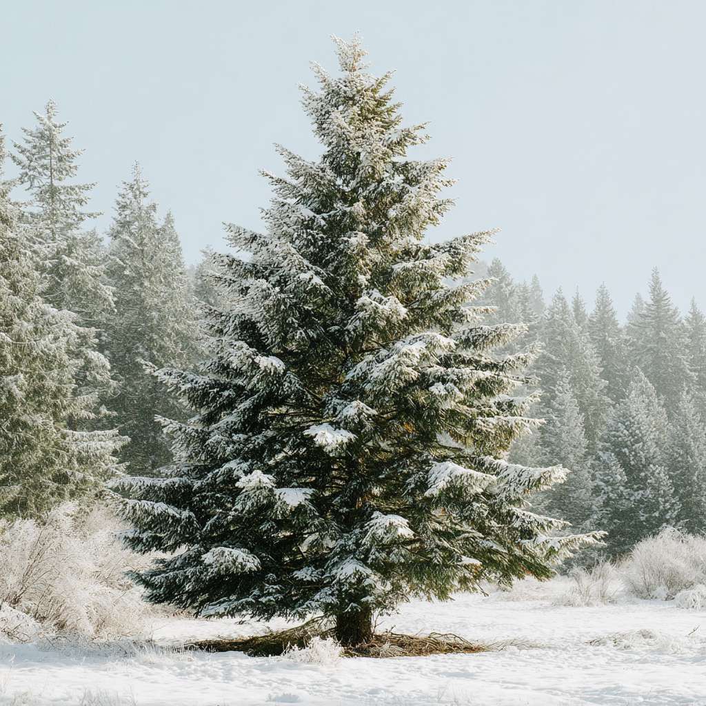 A tall Douglas fir tree covered in snow