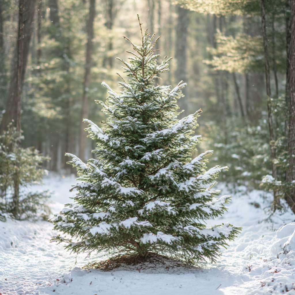 A Fraser fir tree covered in snow with sunlight filtering through the woods