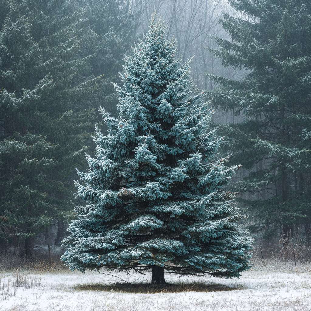 A stately Noble fir tree covered in frost