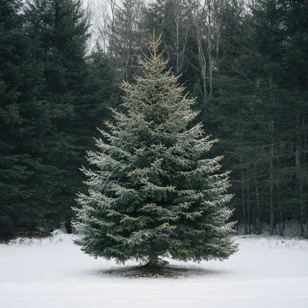 A tall Norway spruce tree with a light dusting of snow