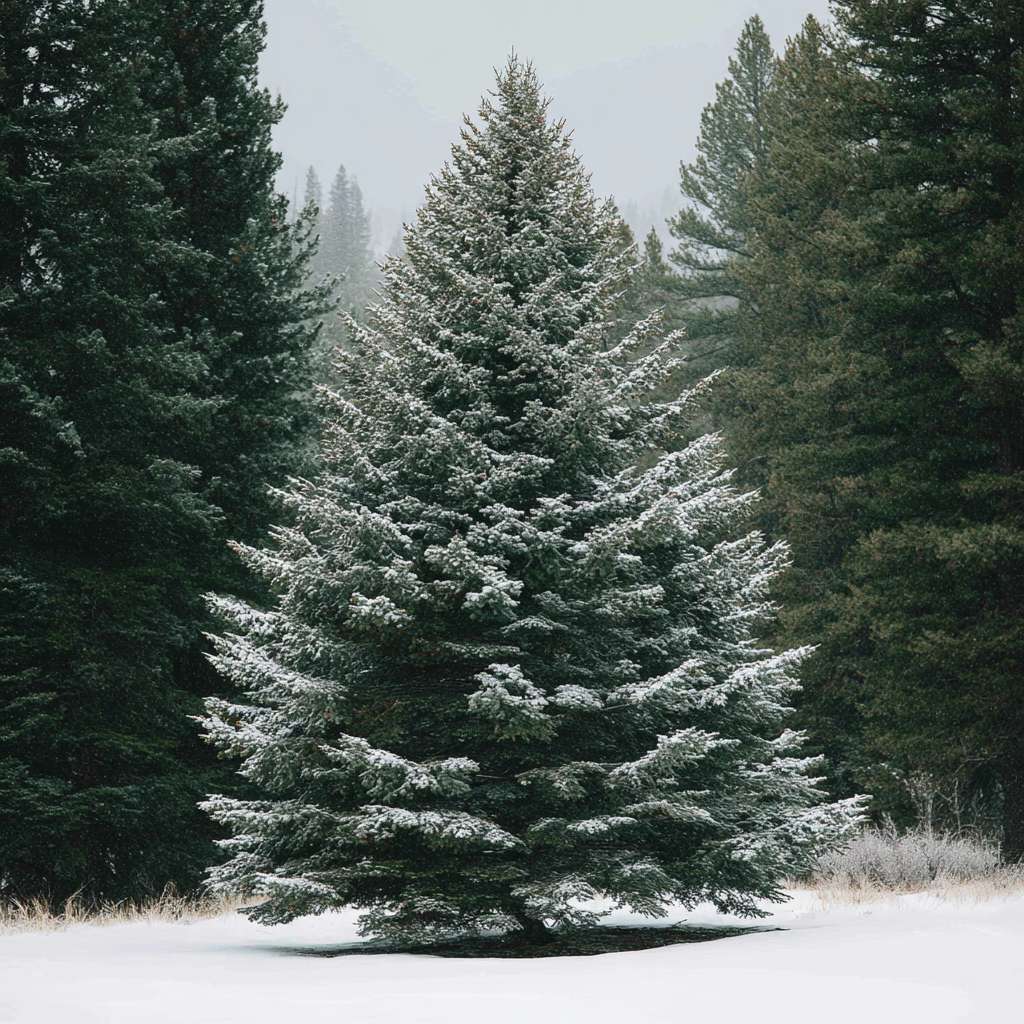 A dense White spruce tree lightly dusted with snow